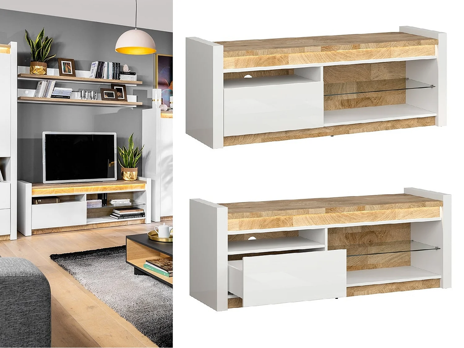 Alameda TV Unit White High Gloss Oak Effect LED Soft-Close Drawer