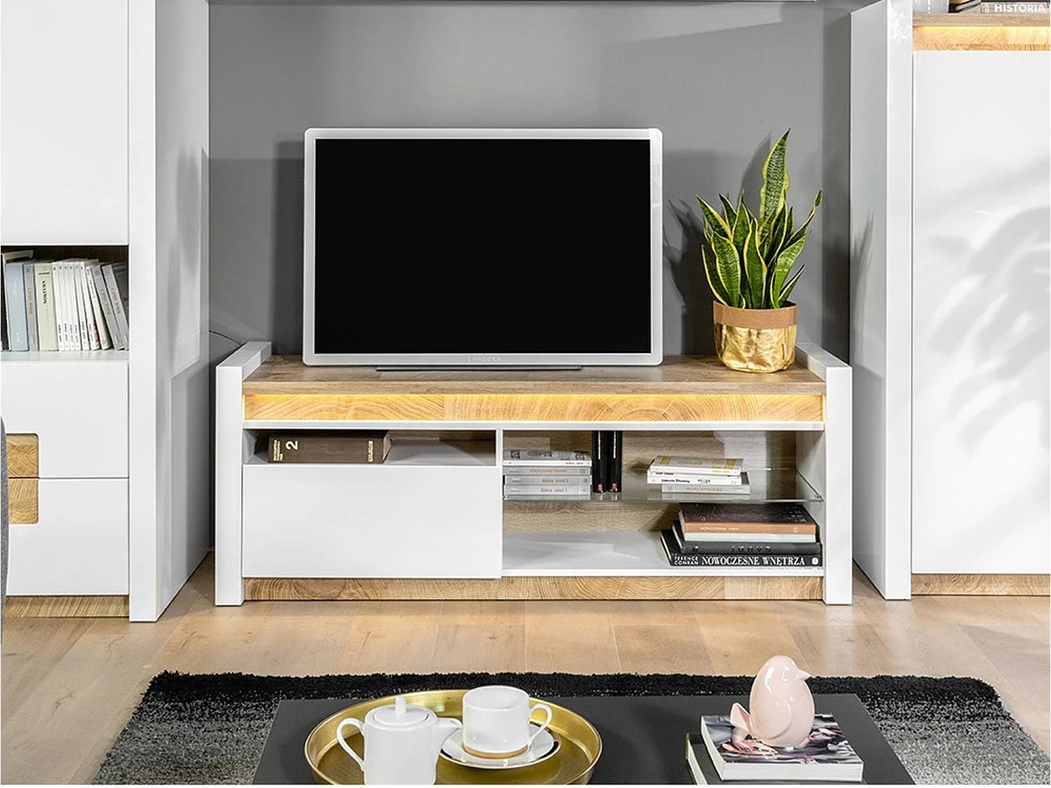 Alameda TV Unit White High Gloss Oak Effect LED Soft-Close Drawer