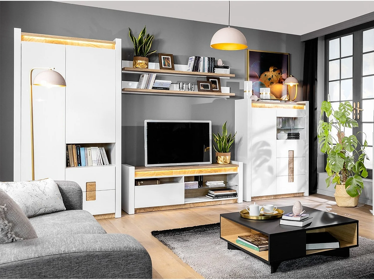 Alameda TV Unit White High Gloss Oak Effect LED Soft-Close Drawer