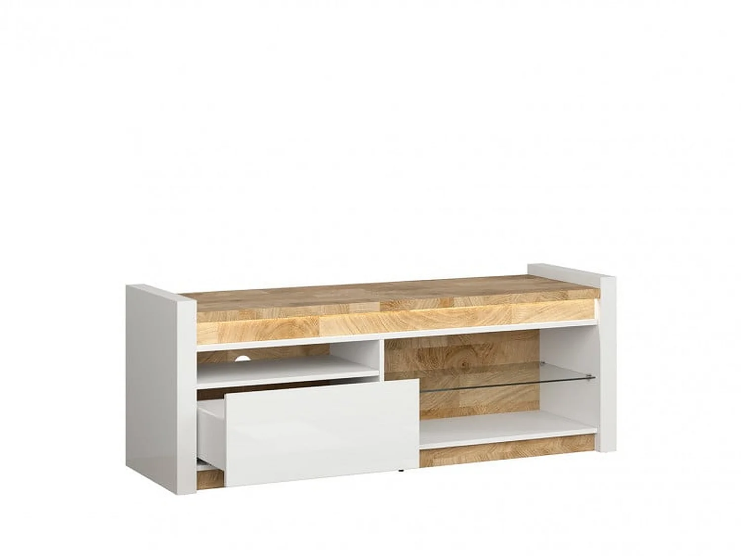 Alameda TV Unit White High Gloss Oak Effect LED Soft-Close Drawer