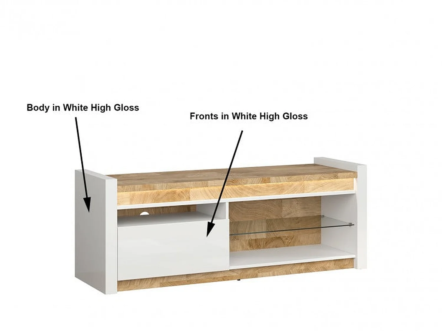 Alameda TV Unit White High Gloss Oak Effect LED Soft-Close Drawer