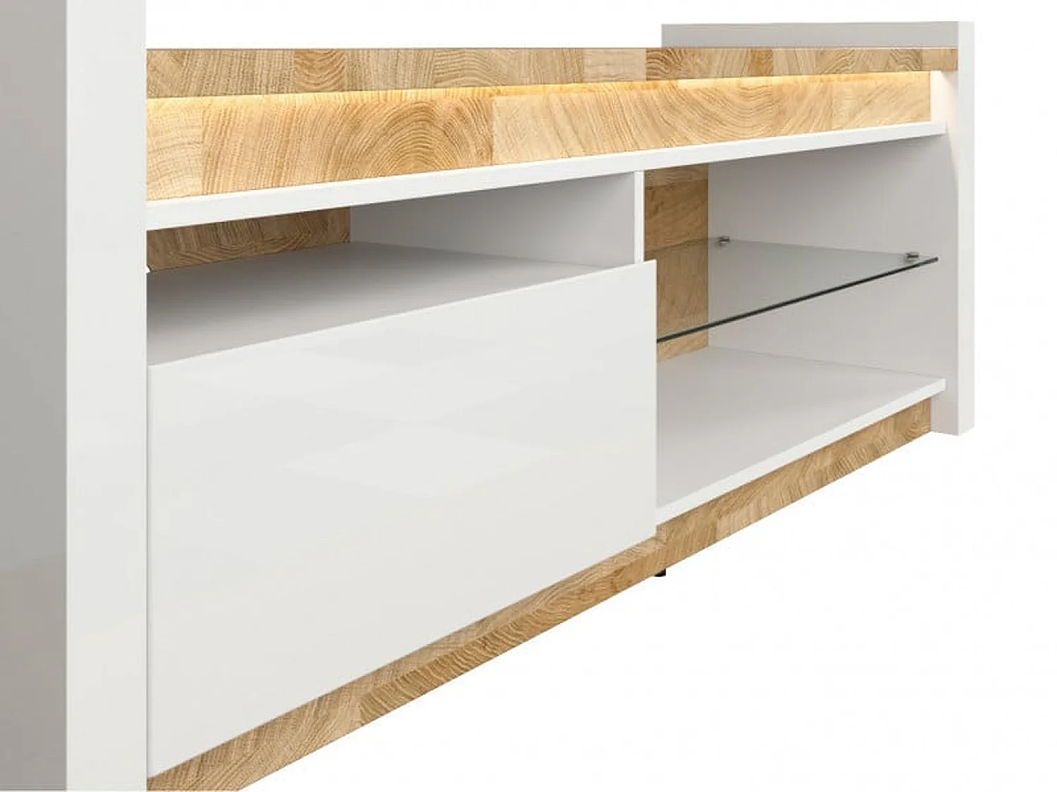 Alameda TV Unit White High Gloss Oak Effect LED Soft-Close Drawer