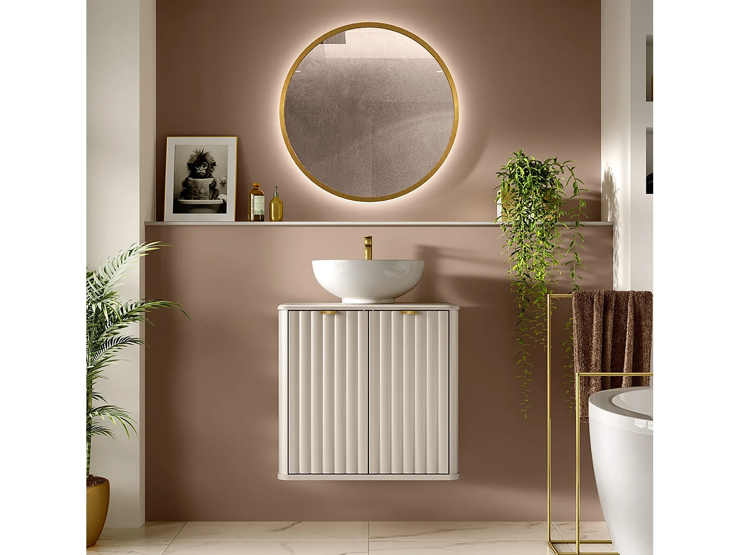 Fluted Vanity Unit 600mm Countertop Bathroom Cabinet with Worktop Beige Cashmere Oren