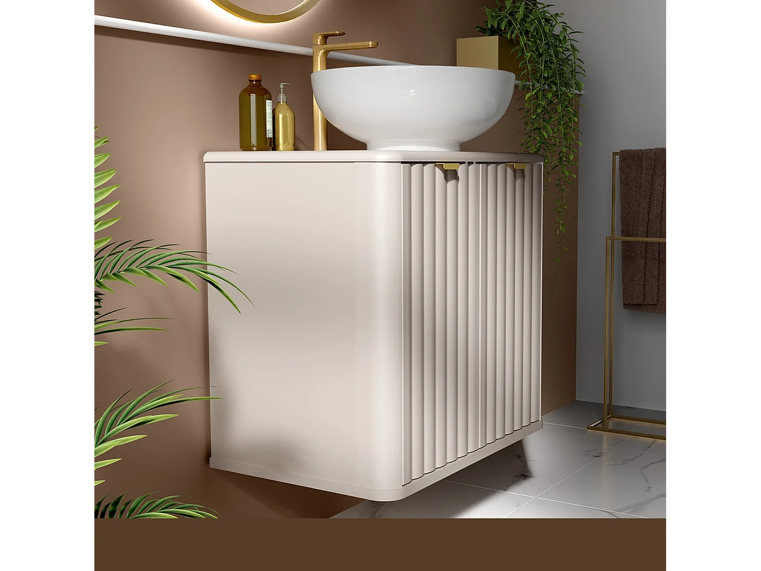 Fluted Vanity Unit 600mm Countertop Bathroom Cabinet with Worktop Beige Cashmere Oren