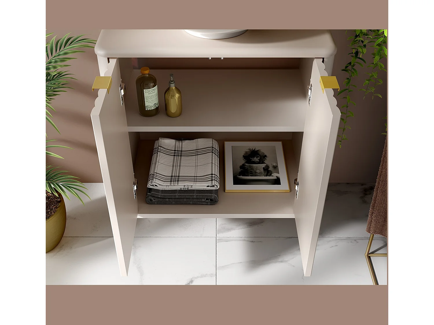 Fluted Vanity Unit 600mm Countertop Bathroom Cabinet with Worktop Beige Cashmere Oren