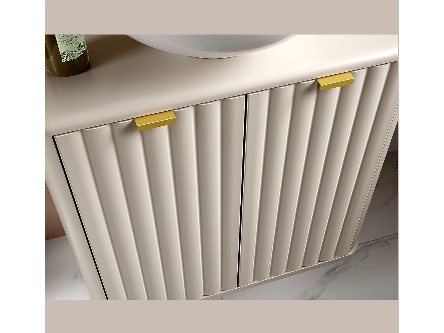 Fluted Vanity Unit 600mm Countertop Bathroom Cabinet with Worktop Beige Cashmere Oren