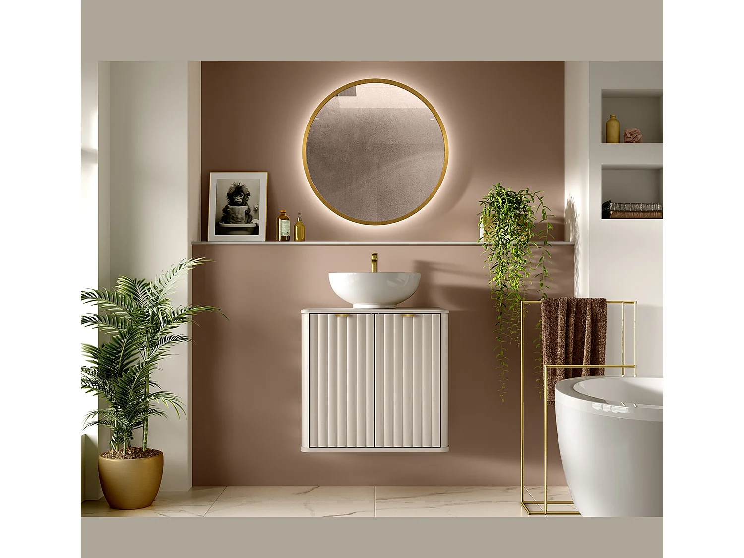 Fluted Vanity Unit 600mm Countertop Bathroom Cabinet with Worktop Beige Cashmere Oren