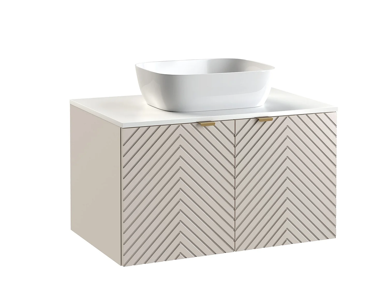 Bathroom Vanity Unit with Sink 800mm Countertop Wall Hung Beige Cabinet Fluted Doors and White Worktop Cara