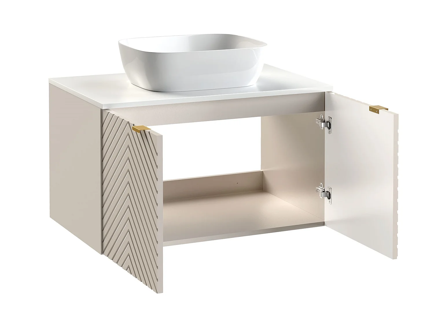 Bathroom Vanity Unit with Sink 800mm Countertop Wall Hung Beige Cabinet Fluted Doors and White Worktop Cara