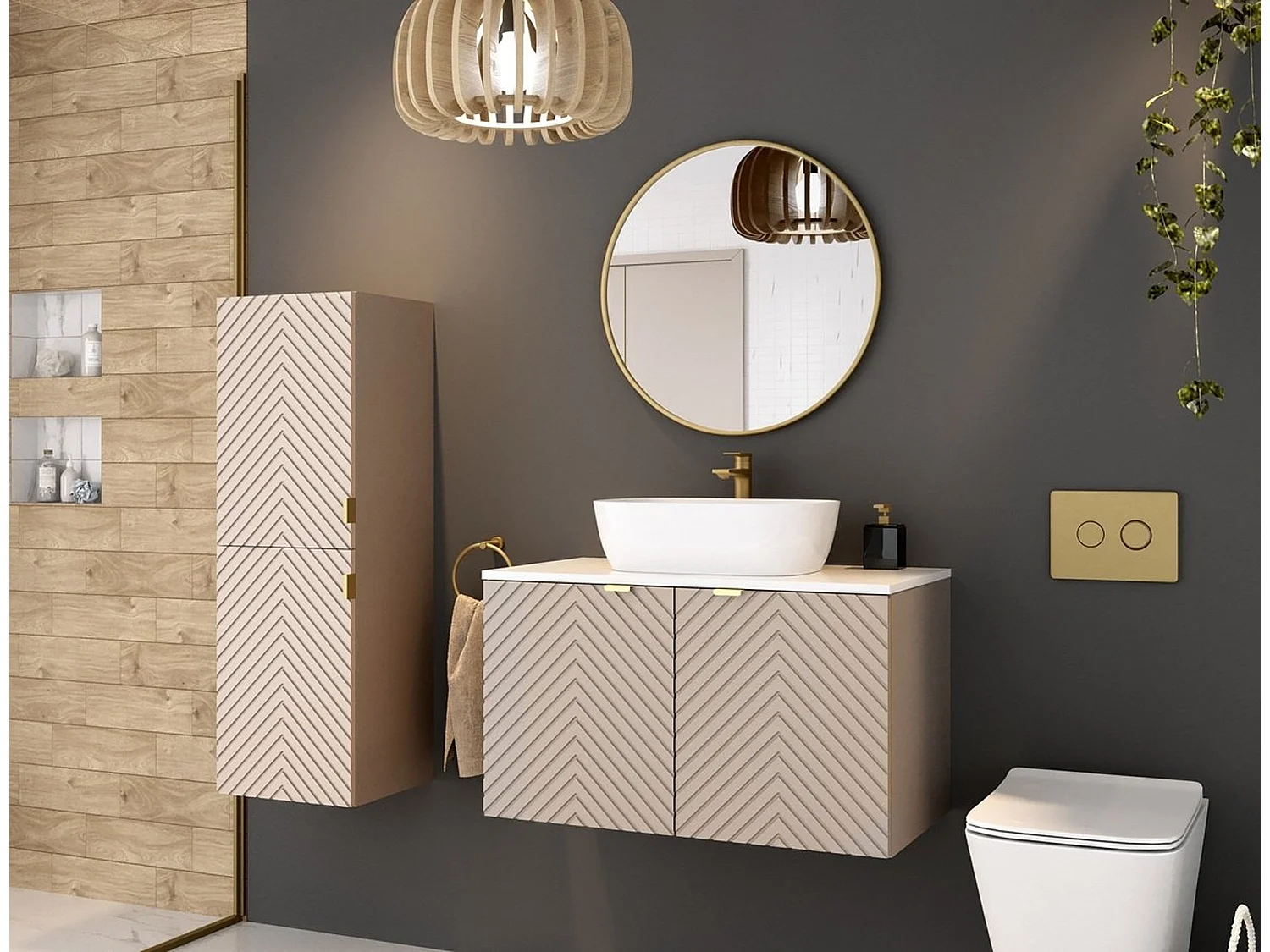 Bathroom Vanity Unit with Sink 800mm Countertop Wall Hung Beige Cabinet Fluted Doors and White Worktop Cara
