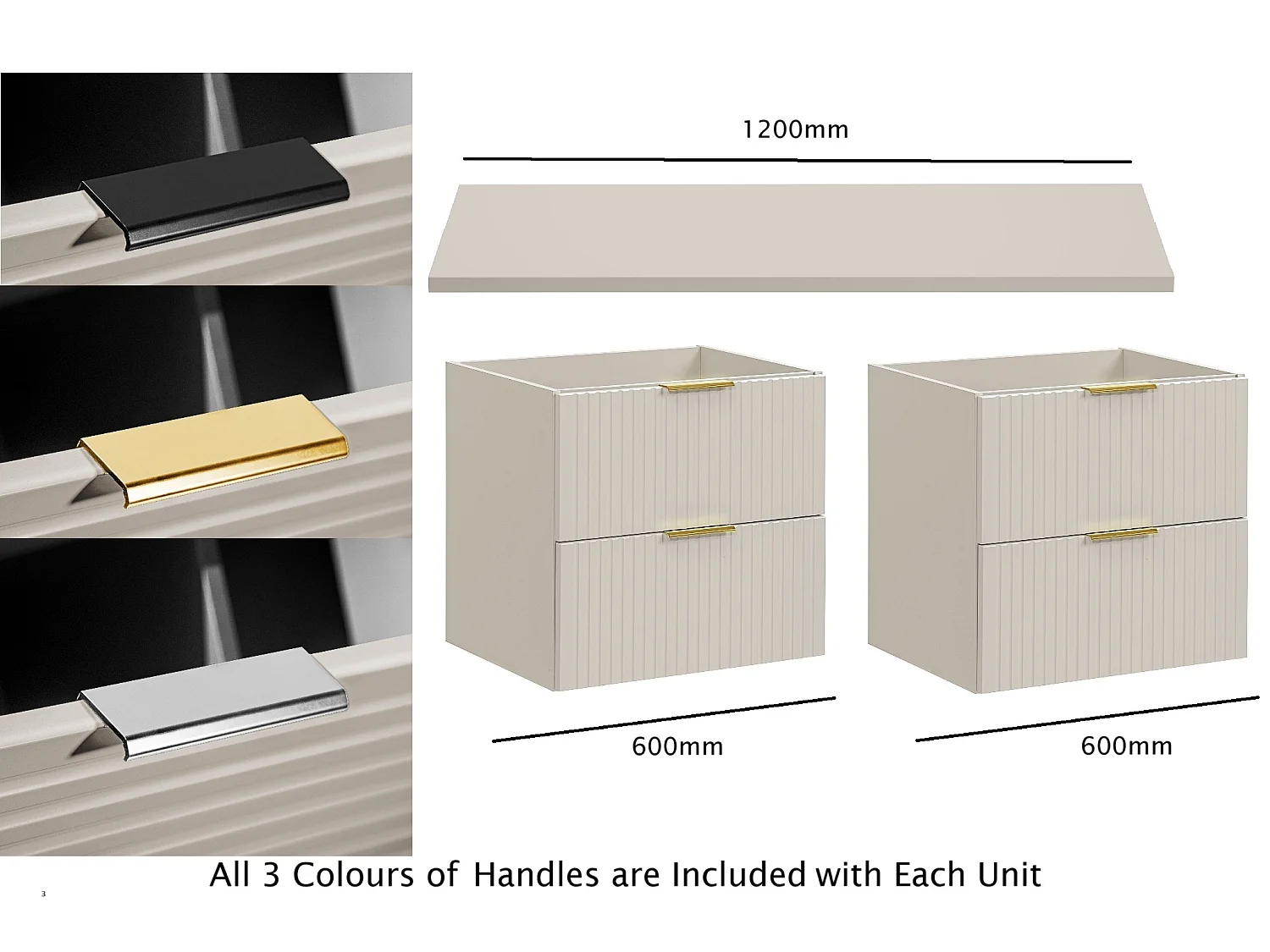 Double Vanity Unit Beige Bathroom 1200mm Sink Cabinet Drawers Wall Storage Countertop Worktop Fluted Ribbed Cashmere Adel