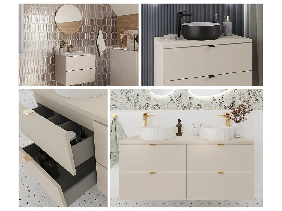 Bathroom Vanity Unit 600mm Wall Cabinet with Worktop Floating 2 Drawer Cashmere Beige Modern Countertop Unit Slab Front Dalia