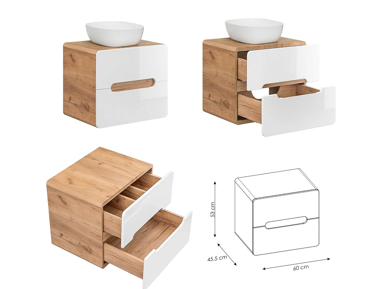 Wall Hung Bathroom Cabinets Furniture Set Tall Unit 600mm Vanity Cabinet with Sink Countertop White Gloss Oak Effect Aruba