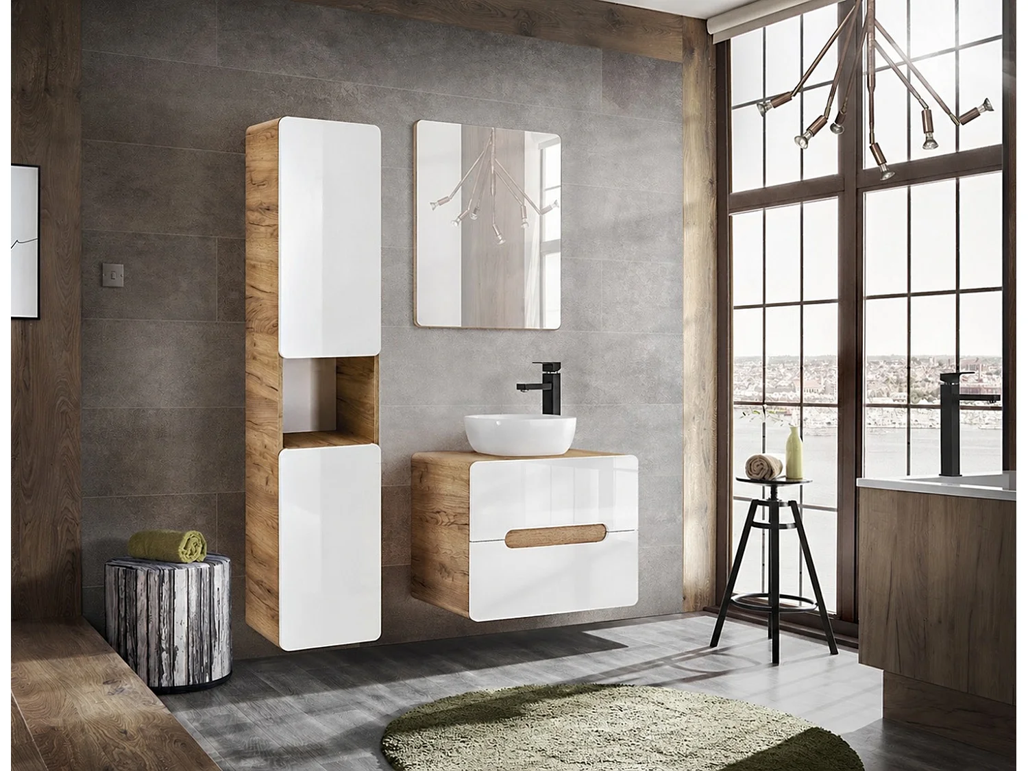 Wall Hung Bathroom Cabinets Furniture Set Tall Unit 600mm Vanity Cabinet with Sink Countertop White Gloss Oak Effect Aruba