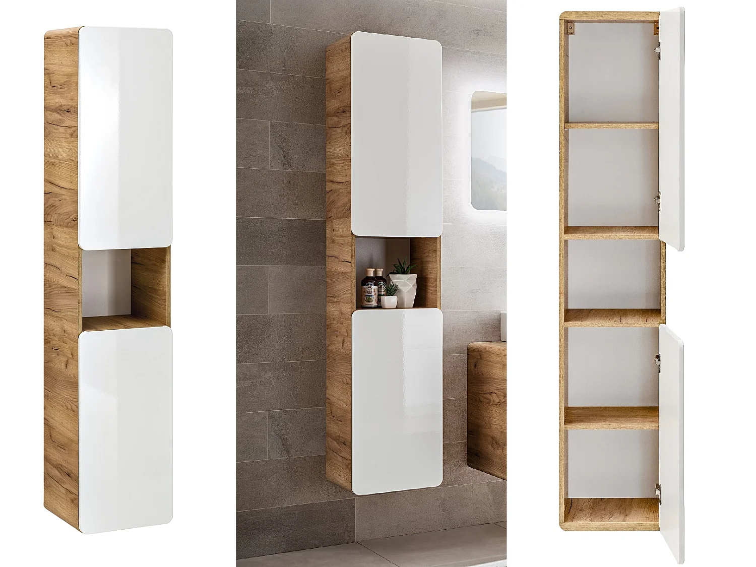 Wall Hung Bathroom Cabinets Furniture Set Tall Unit 600mm Vanity Cabinet with Sink Countertop White Gloss Oak Effect Aruba