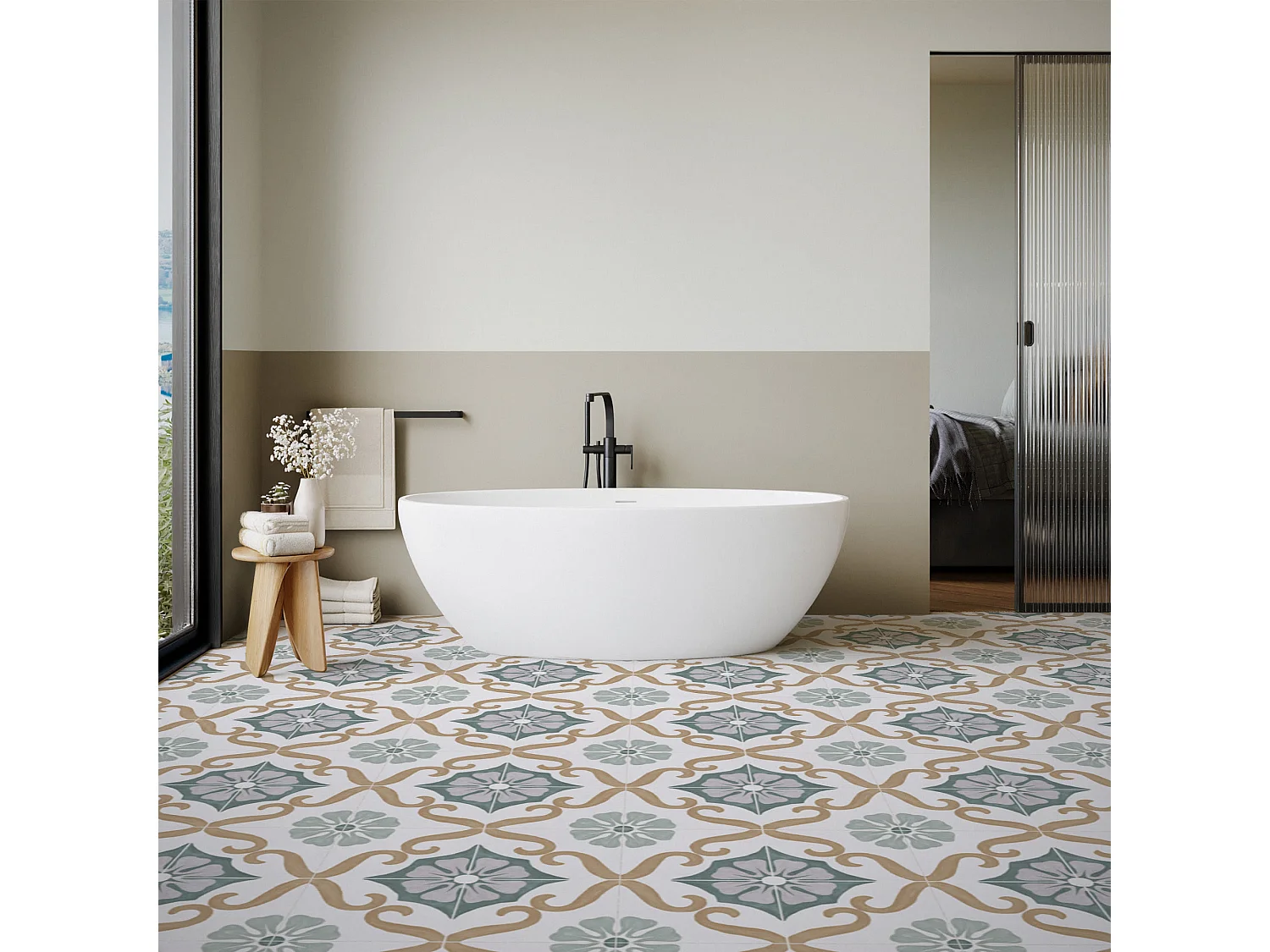 Carrelage effet Carreau ciment Florentis Bleu 22,3x22,3x0,9 cm Soriel - Sol et mur intérieur (vendu par carton de 0,65 m²) - RO'MA CARRELAGE