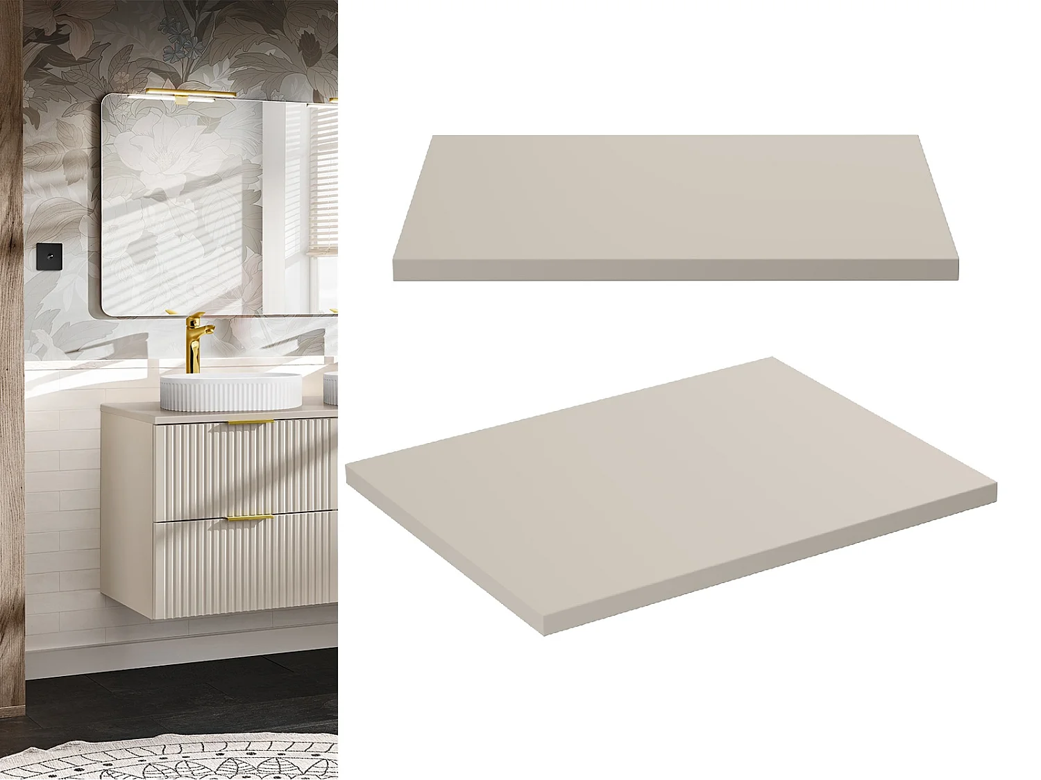 Bathroom Vanity Unit 600mm Countertop Ribbed Textured Beige Modern Wall Hung Cabinet Adel