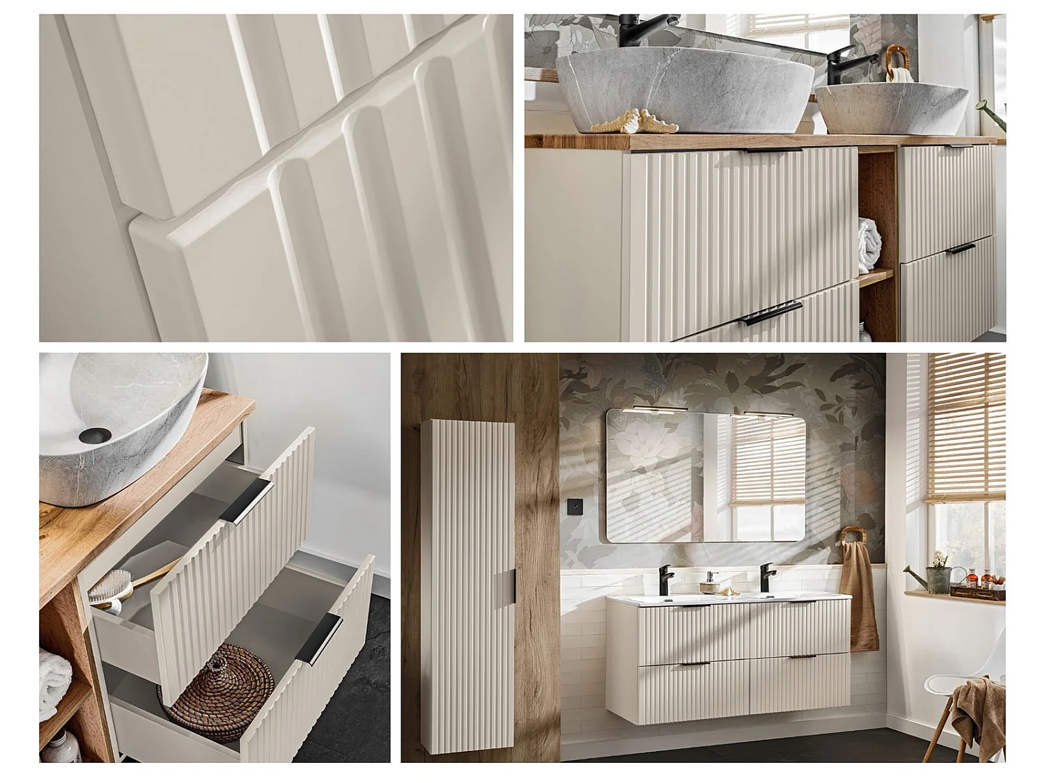 Bathroom Vanity Unit 600mm Countertop Ribbed Textured Beige Modern Wall Hung Cabinet Adel