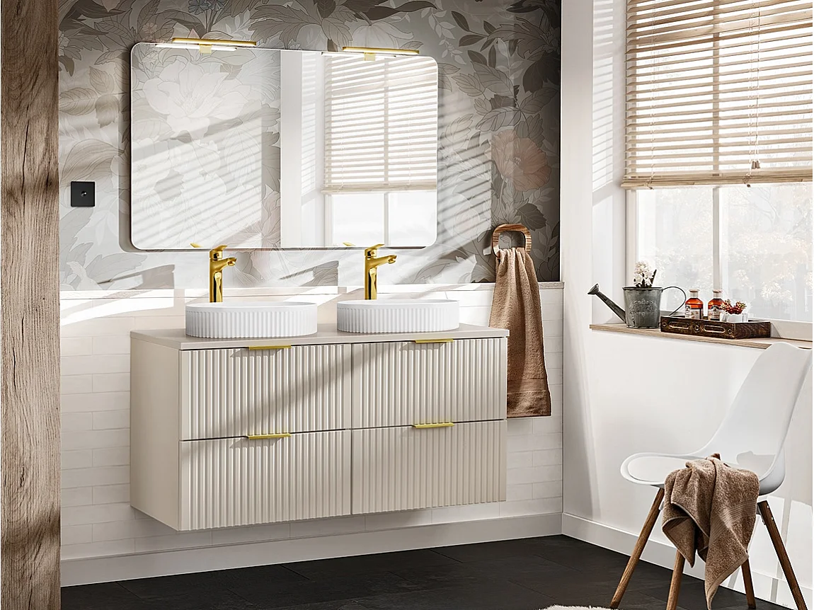 Bathroom Vanity Unit 600mm Countertop Ribbed Textured Beige Modern Wall Hung Cabinet Adel