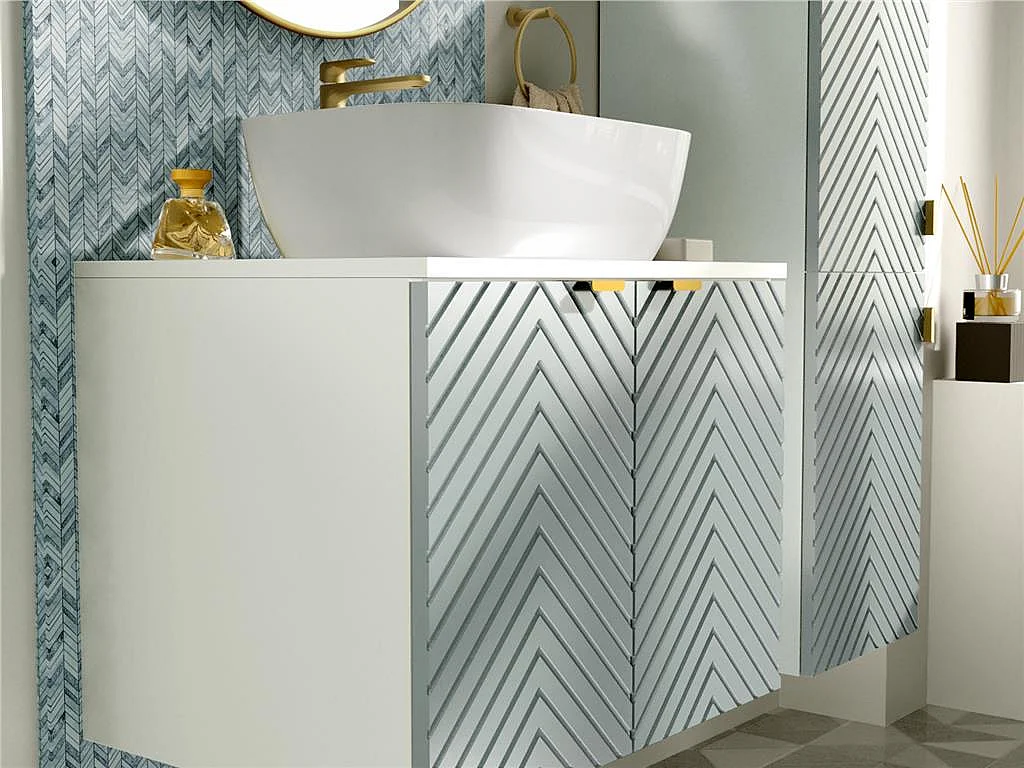 Wall Hung Vanity Unit 600mm Bathroom Cabinet with White Countertop Worktop Green Fluted Cara