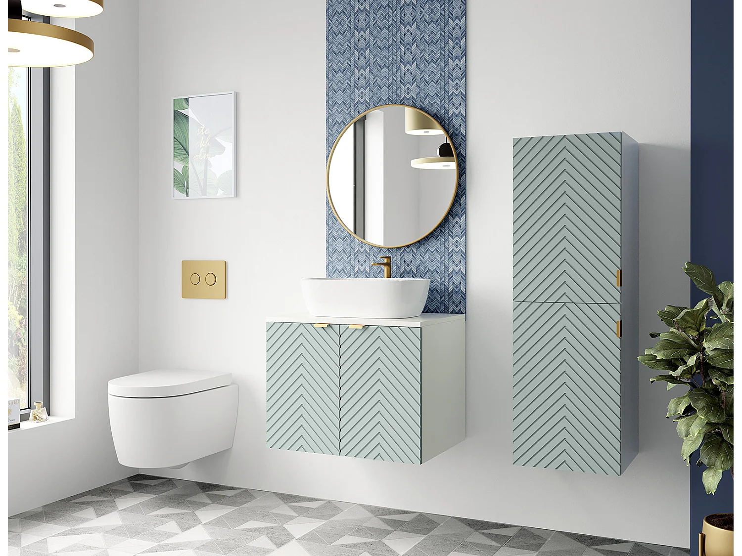 Wall Hung Vanity Unit 600mm Bathroom Cabinet with White Countertop Worktop Green Fluted Cara