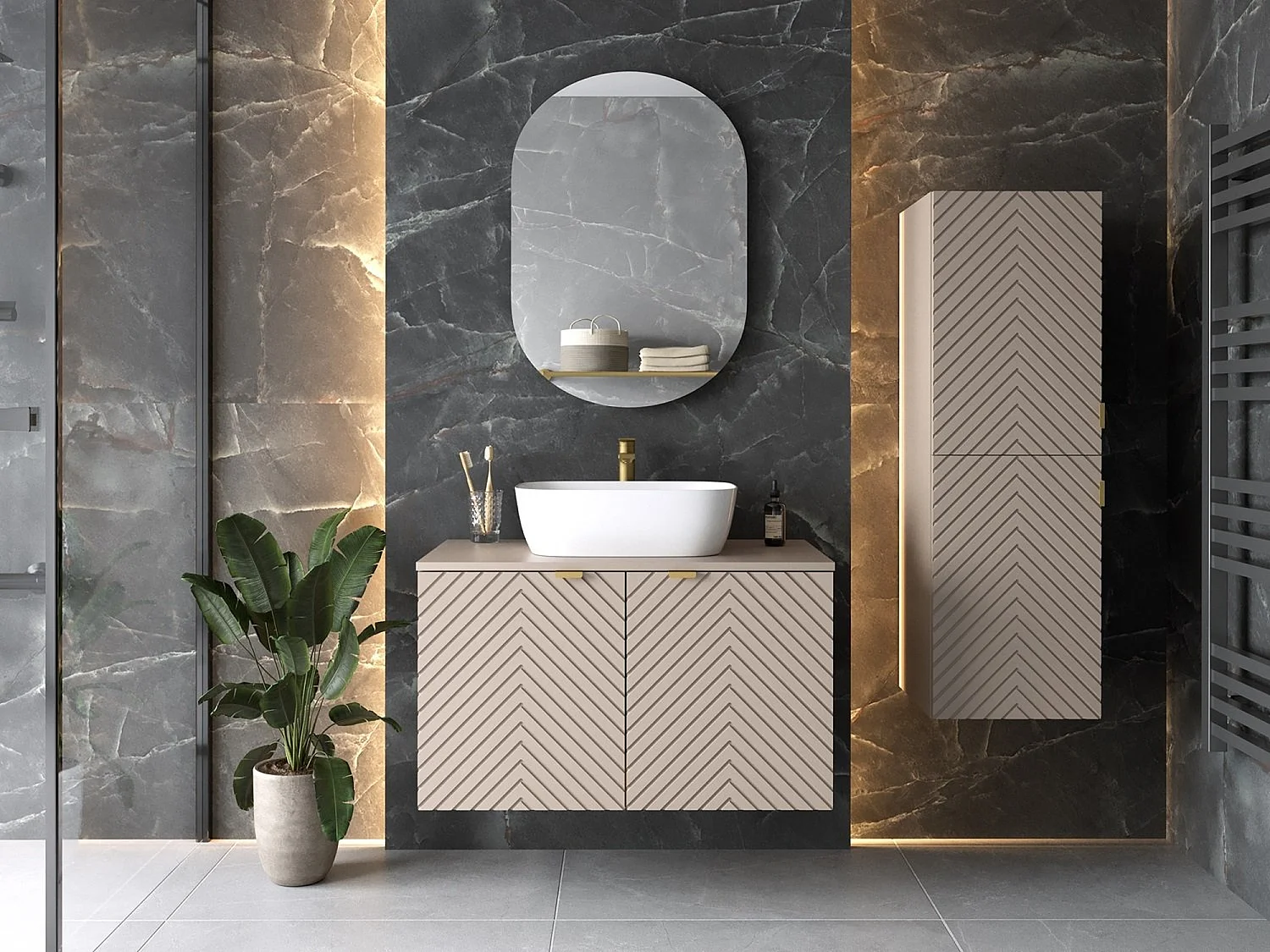 Vanity Unit with Basin 800mm Wall Hung Bathroom Sink Cabinet with Countertop Worktop Fluted Beige Cashmere Cara