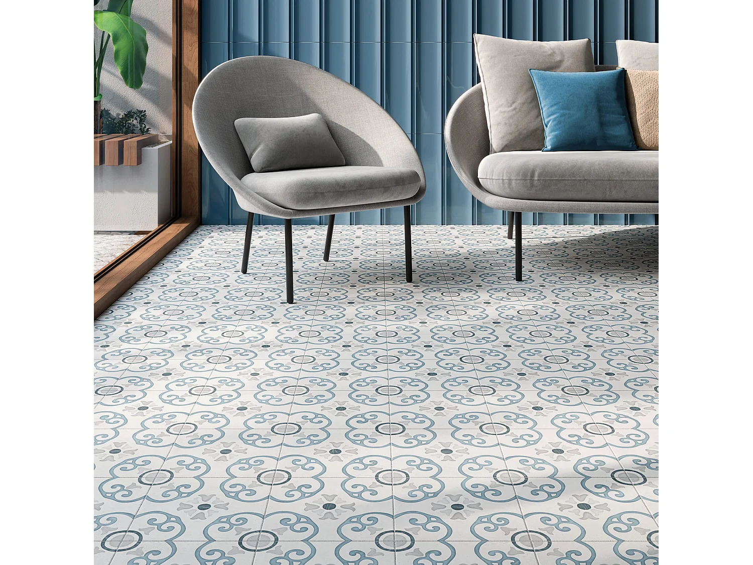Carrelage effet Carreau ciment Nerelia Bleu 22,3x22,3x0,9 cm Ventoril - Sol et mur intérieur (vendu par carton de 0,65 m²) - RO'MA CARRELAGE