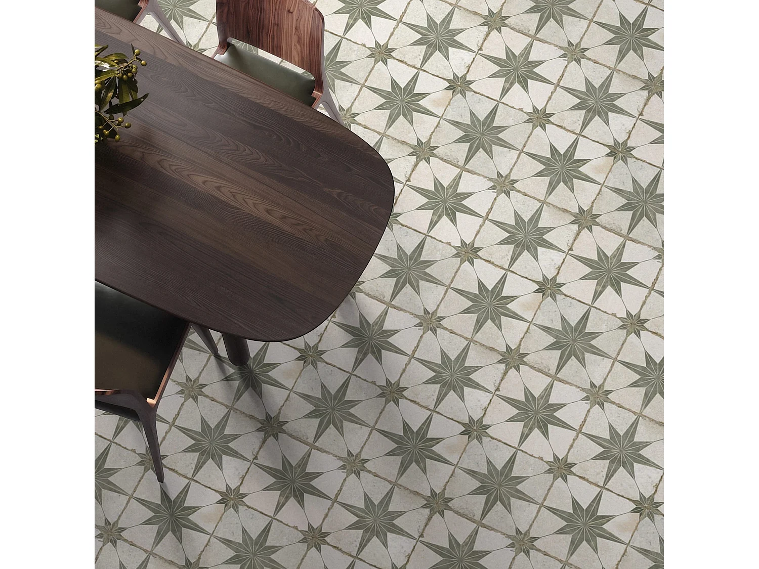 Carrelage Vintage effet Carreau ciment Etoile Verte et Fond Blanc 45x45x0,95 cm Sparta - Sol et mur intérieur (vendu par carton de 1 m²) - RO'MA CARRELAGE