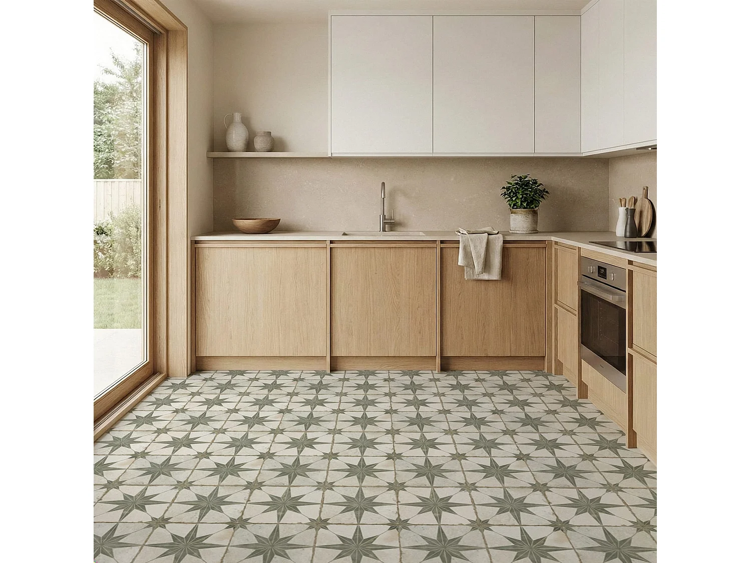 Carrelage Vintage effet Carreau ciment Etoile Verte et Fond Blanc 45x45x0,95 cm Sparta - Sol et mur intérieur (vendu par carton de 1 m²) - RO'MA CARRELAGE