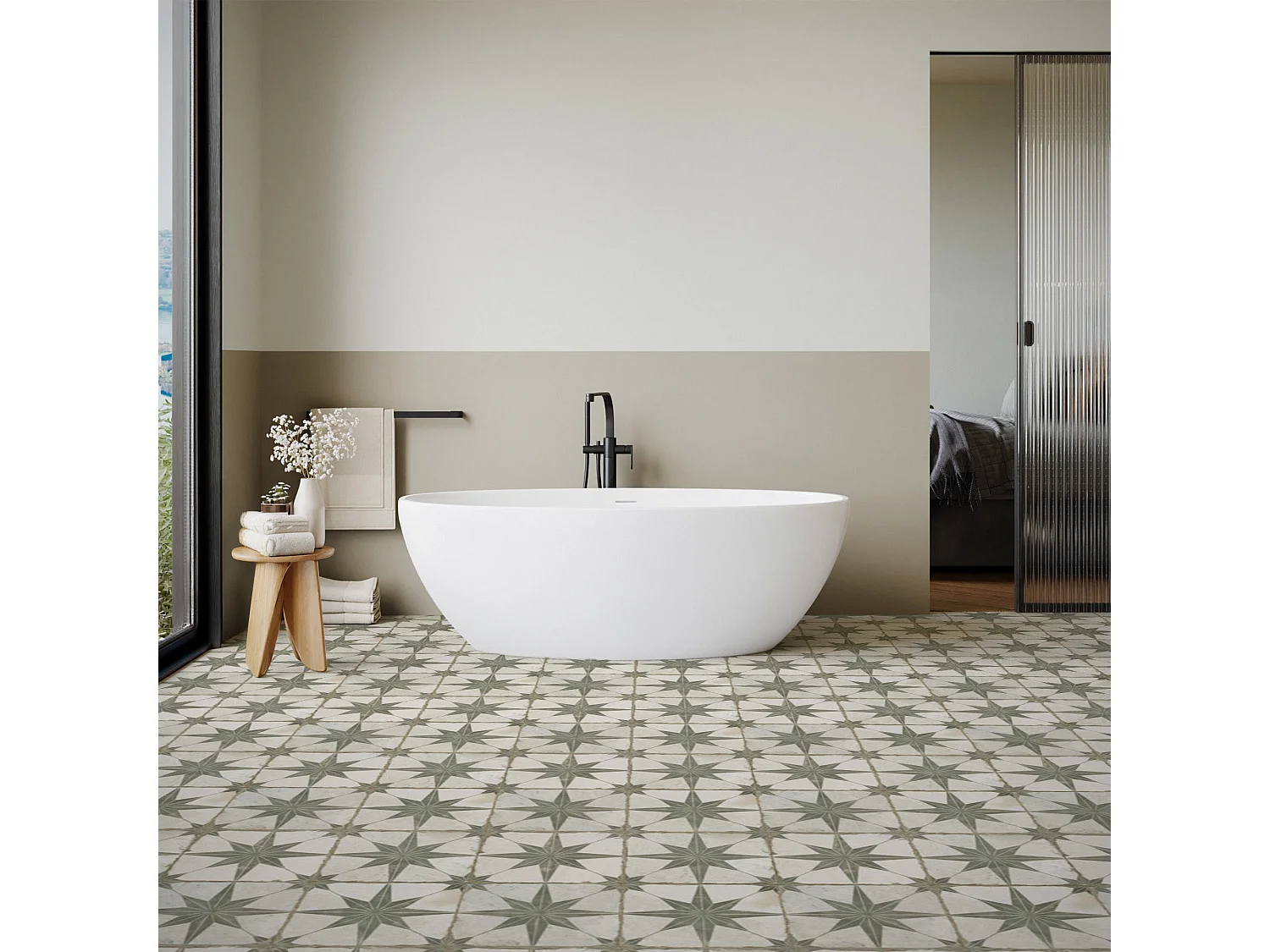 Carrelage Vintage effet Carreau ciment Etoile Verte et Fond Blanc 45x45x0,95 cm Sparta - Sol et mur intérieur (vendu par carton de 1 m²) - RO'MA CARRELAGE