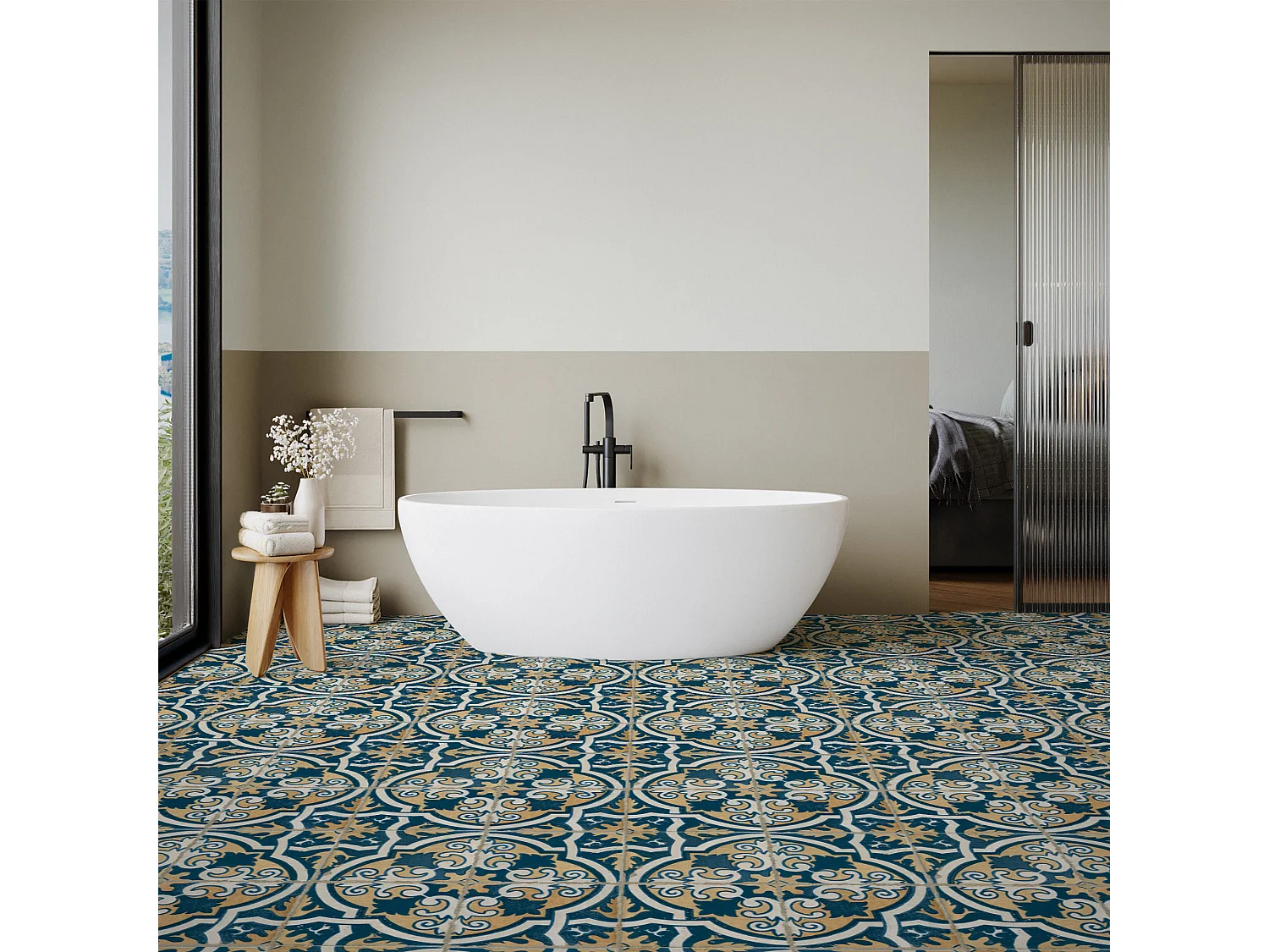 Carrelage Vintage effet Carreau ciment Bleu Ephesos 45x45x0,95 cm Azoria - Sol et mur intérieur (vendu par carton de 1 m²) - RO'MA CARRELAGE