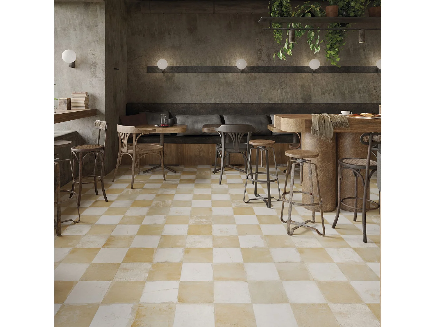 Carrelage Vintage effet Carreau ciment Jaune Damier 45x45x0,95 cm Rosaria - Sol et mur intérieur (vendu par carton de 1 m²) - RO'MA CARRELAGE