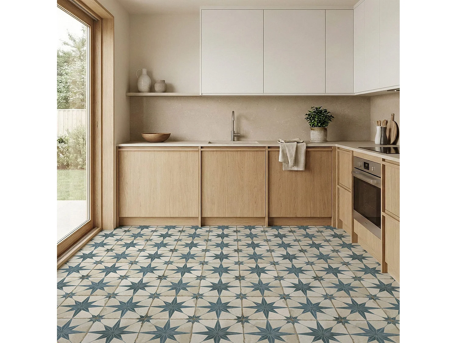 Carrelage Vintage effet Carreau ciment Etoile Bleue et Fond Blanc 45x45x0,95 cm Sparta - Sol et mur intérieur (vendu par carton de 1 m²) - RO'MA CARRELAGE