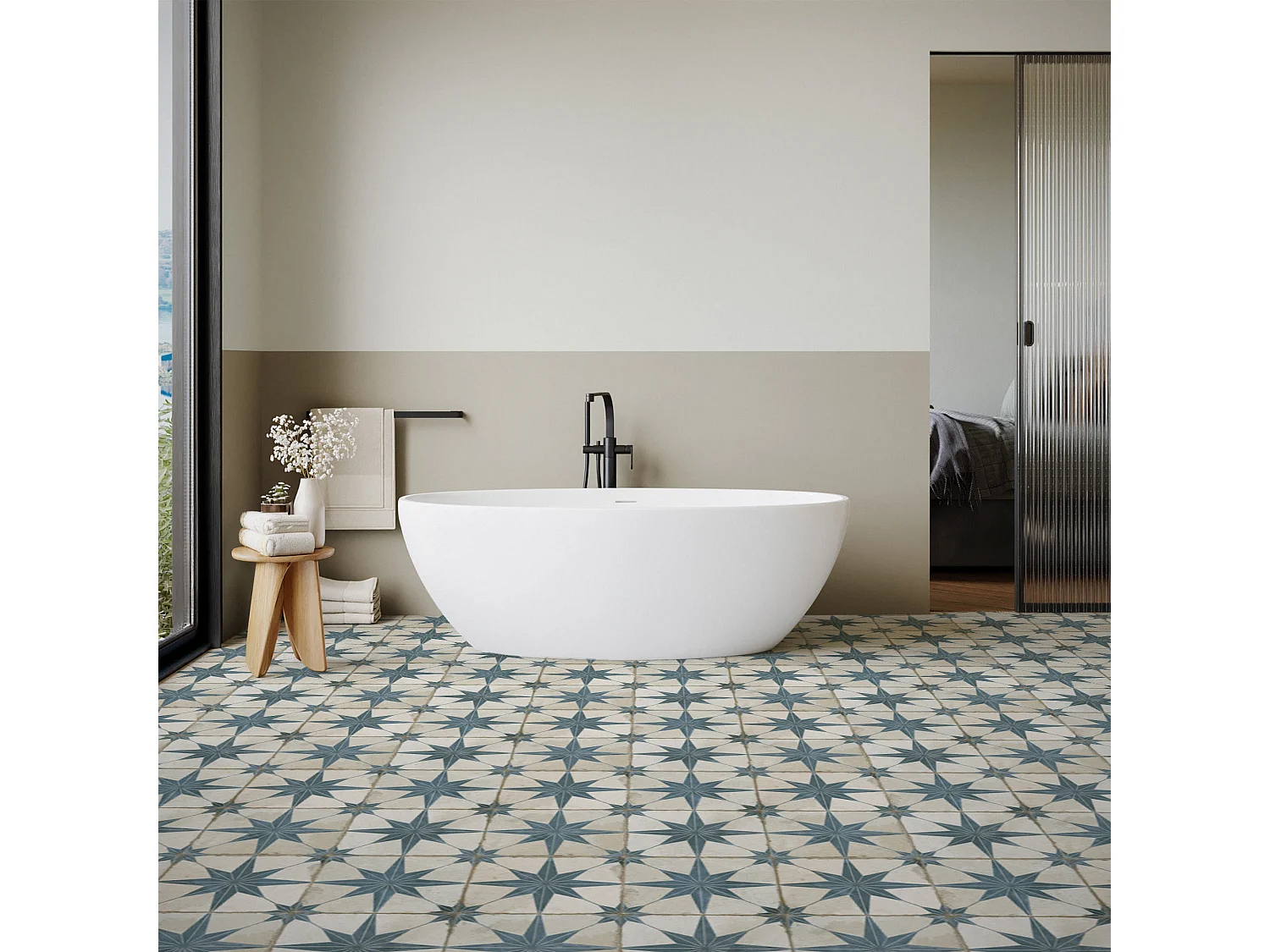 Carrelage Vintage effet Carreau ciment Etoile Bleue et Fond Blanc 45x45x0,95 cm Sparta - Sol et mur intérieur (vendu par carton de 1 m²) - RO'MA CARRELAGE