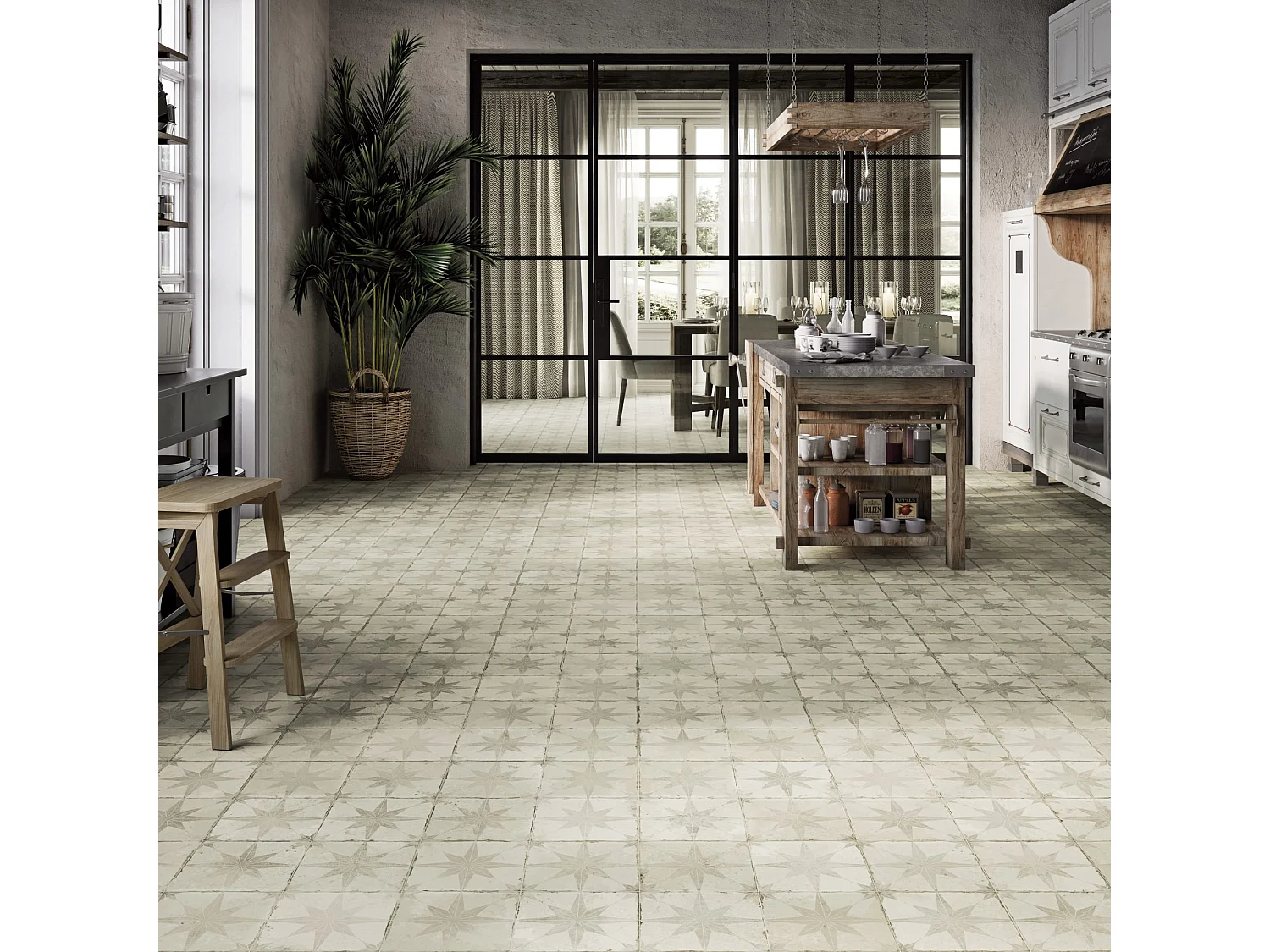 Carrelage Vintage effet Carreau ciment Etoile Blanche et Fond Blanc 45x45x0,95 cm Sparta - Sol et mur intérieur (vendu par carton de 1 m²) - RO'MA CARRELAGE