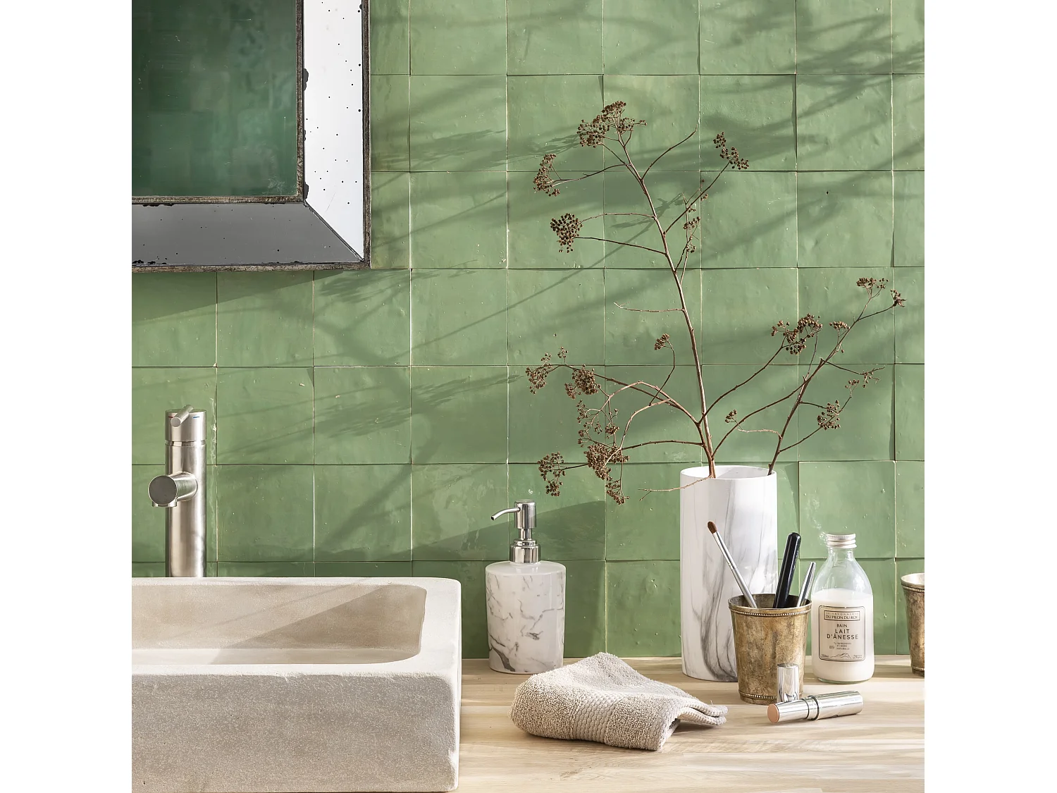 Carrelage Zellige Marocain Vert Amande 10x10 cm (vendu par 1 m²) - RO'MA NATURE
