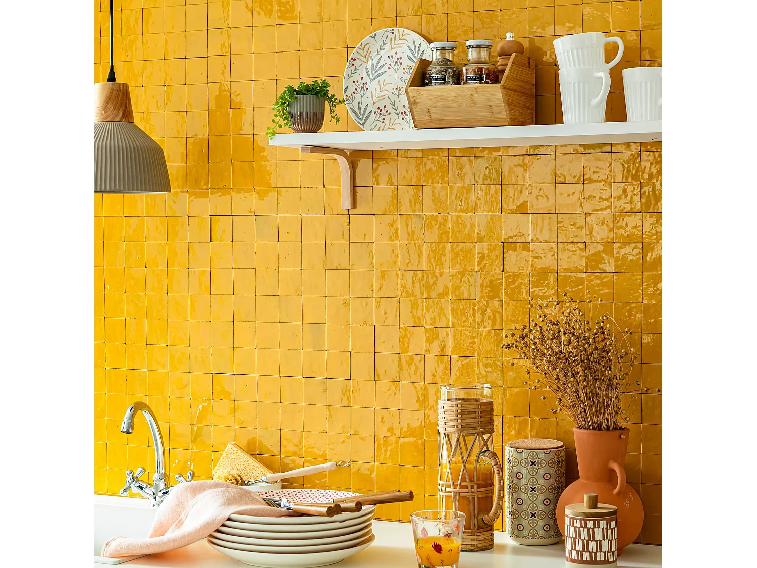 Carrelage Zellige Marocain Jaune Moutarde 5x5 cm  (vendu par plaque de 30x30 cm soit 0,09 m²) - RO'MA NATURE