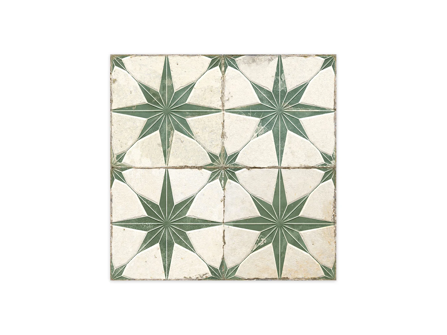 Carrelage Vintage effet Carreau ciment 3D Etoile Verte et Fond Blanc 45x45x0,95 cm Sparta - Sol et mur intérieur (vendu par carton de 1 m²) - RO'MA CARRELAGE