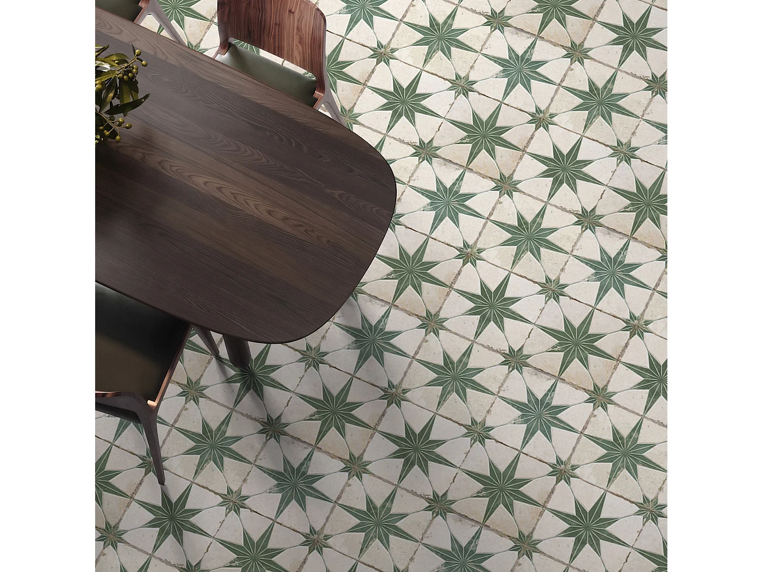 Carrelage Vintage effet Carreau ciment 3D Etoile Verte et Fond Blanc 45x45x0,95 cm Sparta - Sol et mur intérieur (vendu par carton de 1 m²) - RO'MA CARRELAGE