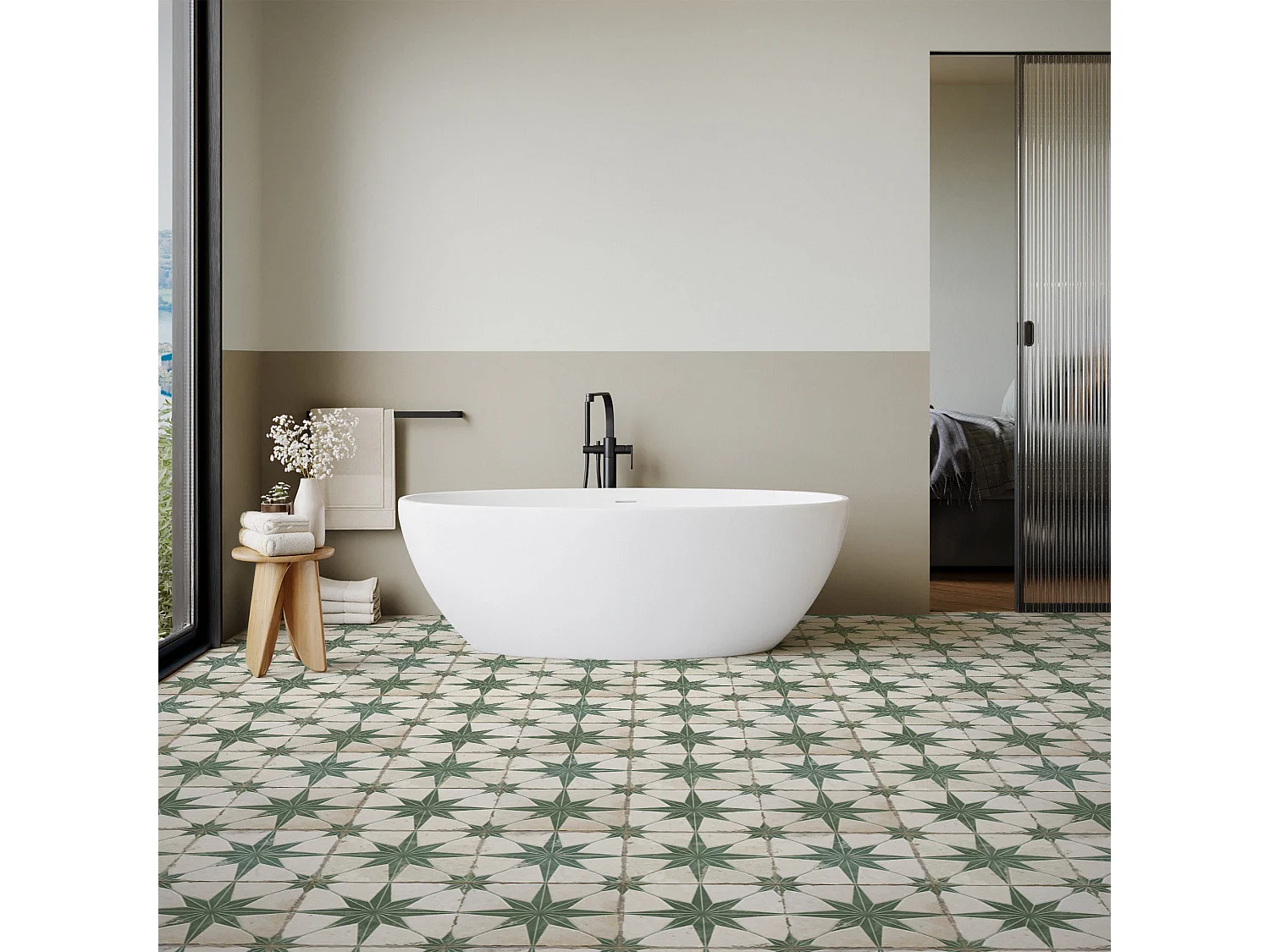 Carrelage Vintage effet Carreau ciment 3D Etoile Verte et Fond Blanc 45x45x0,95 cm Sparta - Sol et mur intérieur (vendu par carton de 1 m²) - RO'MA CARRELAGE