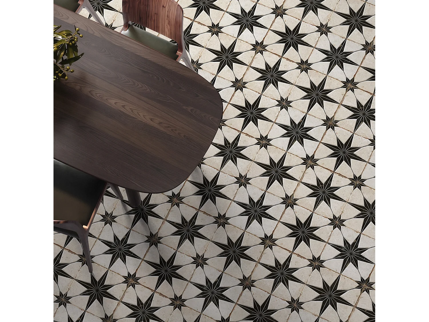 Carrelage Vintage effet Carreau ciment 3D Etoile Noire et Fond Blanc 22,3x22,3x0,9 cm Sparta - Sol et mur intérieur (vendu par carton de 0,65 m²) - RO'MA CARRELAGE