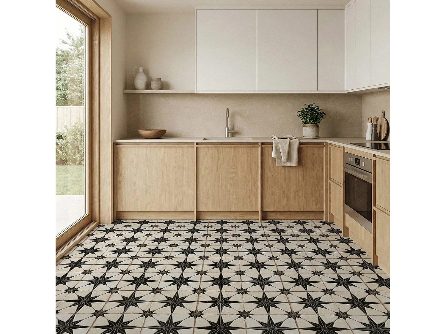 Carrelage Vintage effet Carreau ciment 3D Etoile Noire et Fond Blanc 22,3x22,3x0,9 cm Sparta - Sol et mur intérieur (vendu par carton de 0,65 m²) - RO'MA CARRELAGE