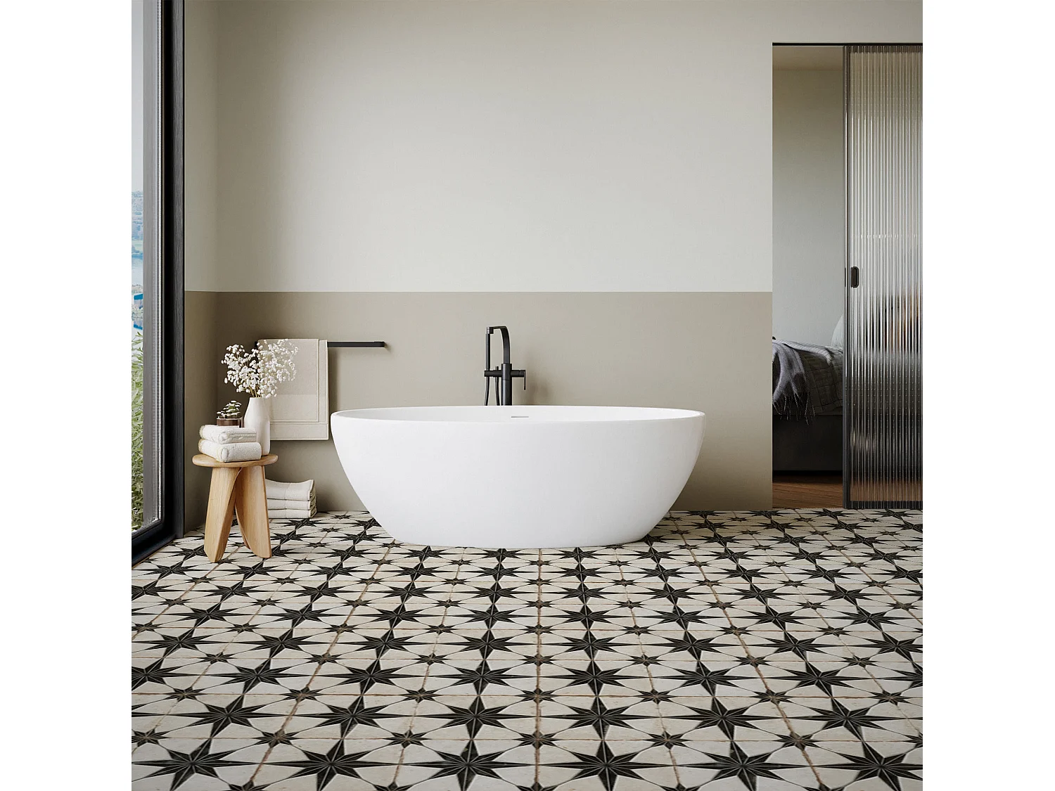 Carrelage Vintage effet Carreau ciment 3D Etoile Noire et Fond Blanc 22,3x22,3x0,9 cm Sparta - Sol et mur intérieur (vendu par carton de 0,65 m²) - RO'MA CARRELAGE