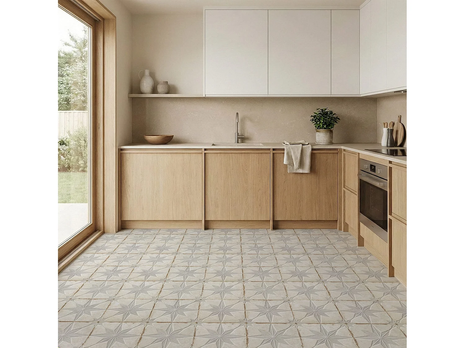 Carrelage Vintage effet Carreau ciment 3D Etoile Blanche et Fond Blanc 22,3x22,3x0,9 cm Sparta - Sol et mur intérieur (vendu par carton de 0,65 m²) - RO'MA CARRELAG