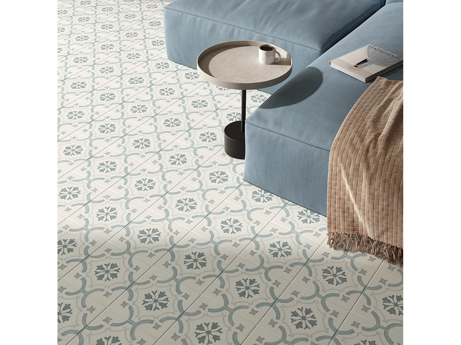 Carrelage effet Carreau ciment Varolia Bleu 22,3x22,3x0,9 cm Ventoril - Sol et mur intérieur (vendu par carton de 0,65 m²) - RO'MA CARRELAGE