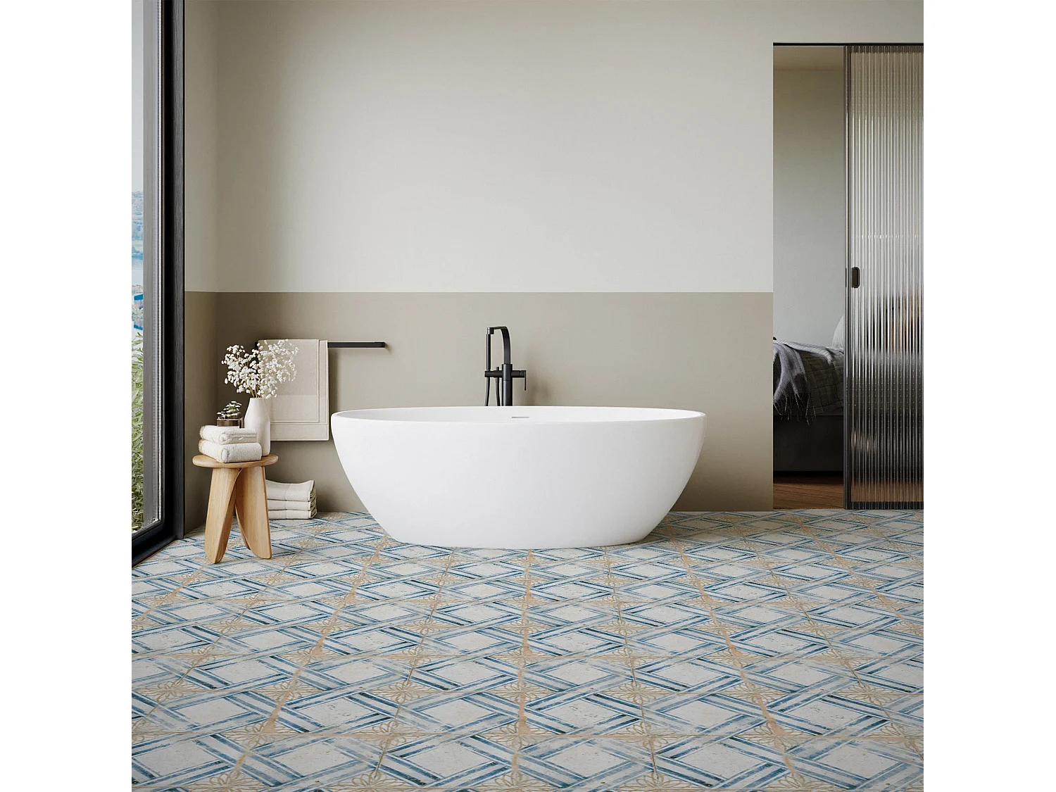 Carrelage Vintage effet Carreau ciment Bleu Numantia 45x45x0,95 cm Orlena - Sol et mur intérieur (vendu par carton de 1 m²) - RO'MA CARRELAGE