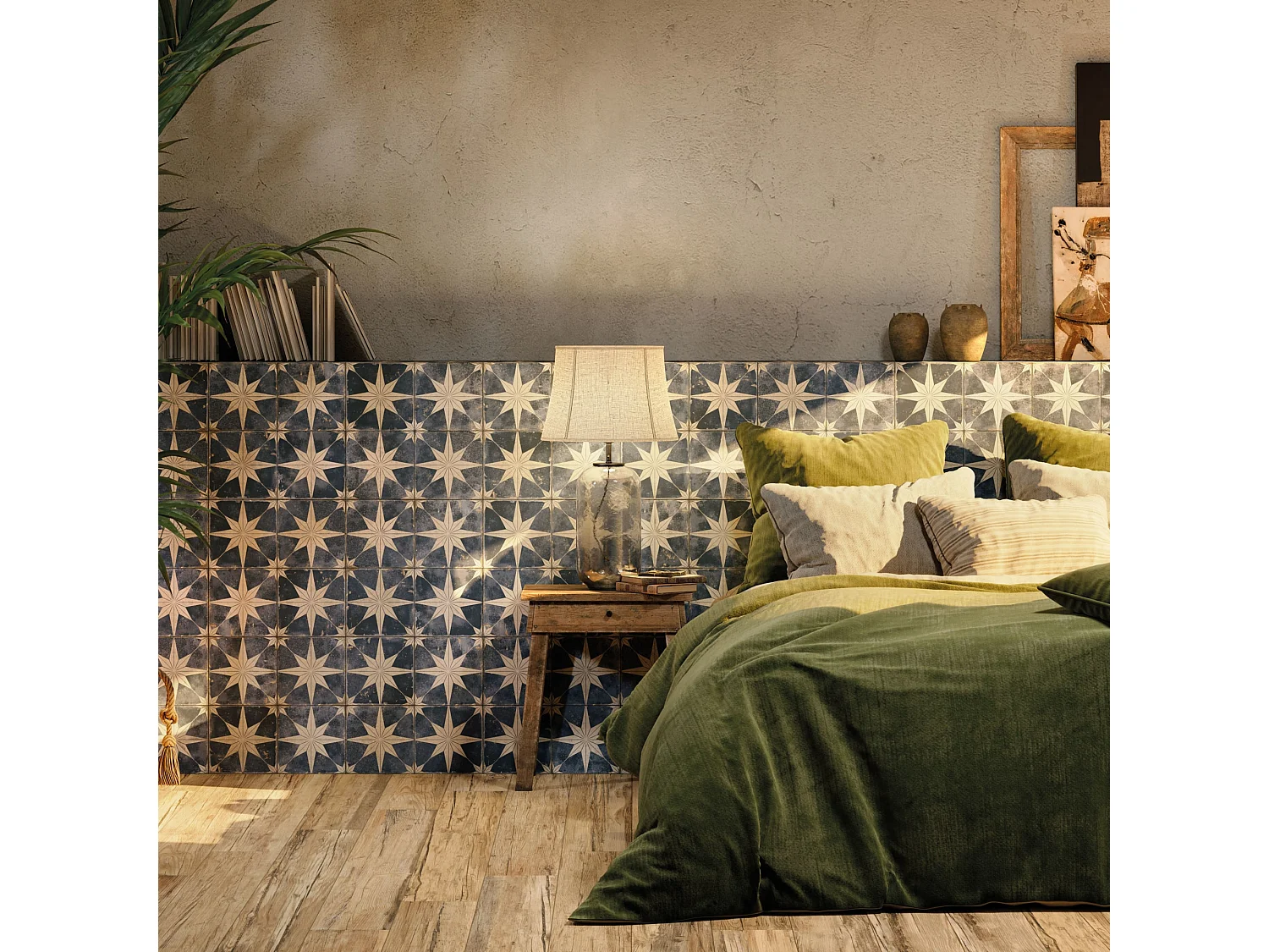 Carrelage Vintage effet Carreau ciment Etoile Blanche et Fond Bleu 45x45x0,95 cm Sparta - Sol et mur intérieur (vendu par carton de 1 m²) - RO'MA CARRELAGE