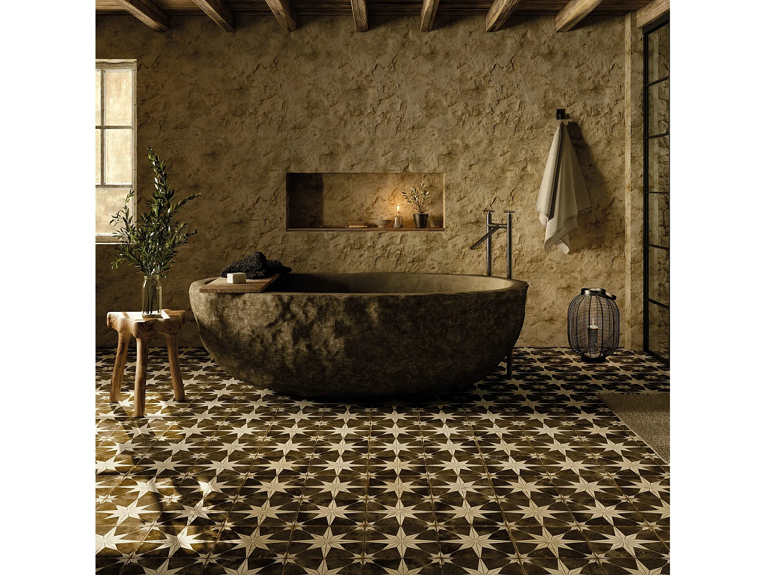 Carrelage Vintage effet Carreau ciment Etoile Blanche et Fond Noir 45x45x0,95 cm Sparta - Sol et mur intérieur (vendu par carton de 1 m²) - RO'MA CARRELAGE