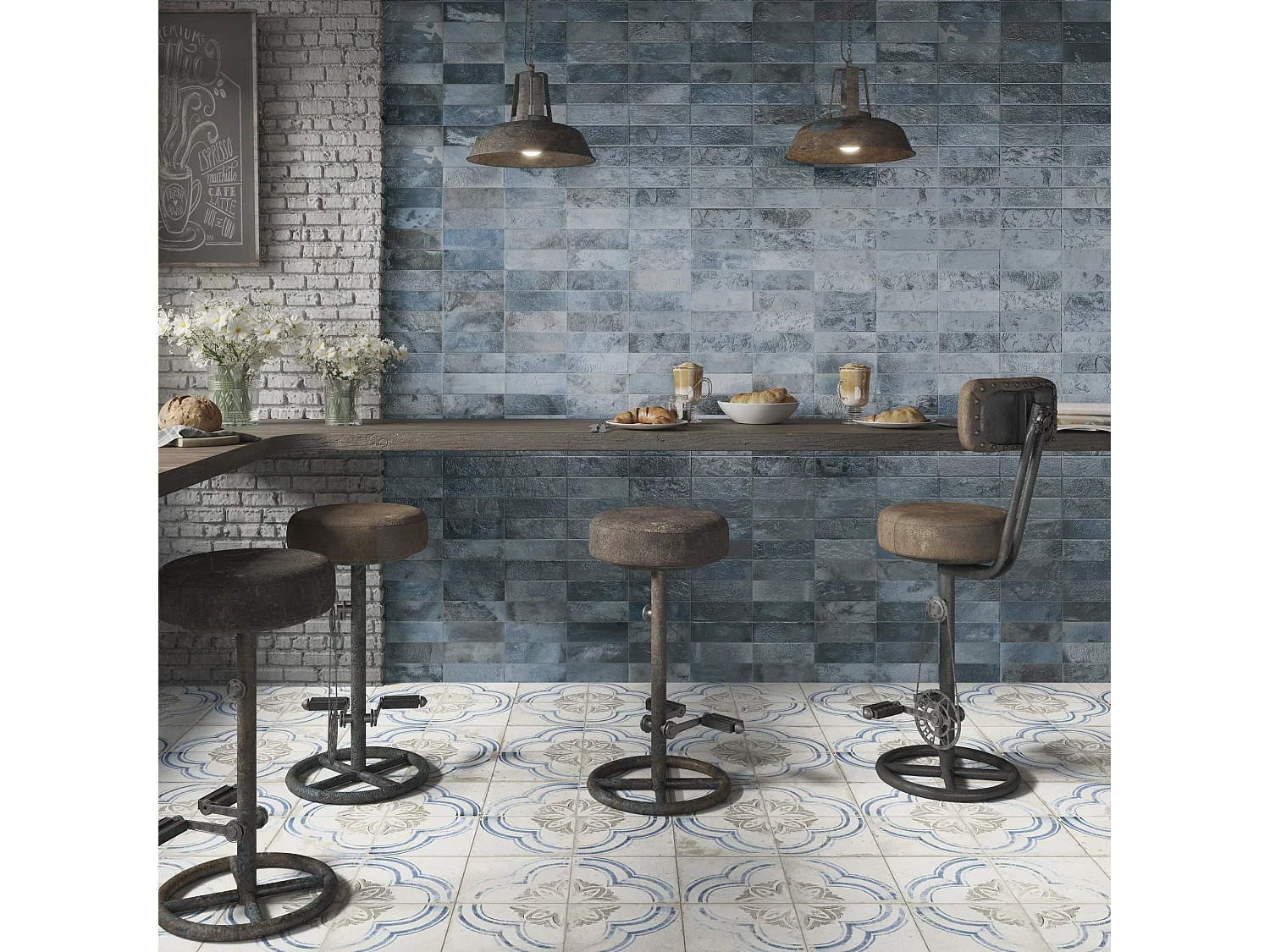 Carrelage Vintage effet Carreau ciment Bleu Volubilis 45x45x0,95 cm Orlena - Sol et mur intérieur (vendu par carton de 1 m²) - RO'MA CARRELAGE