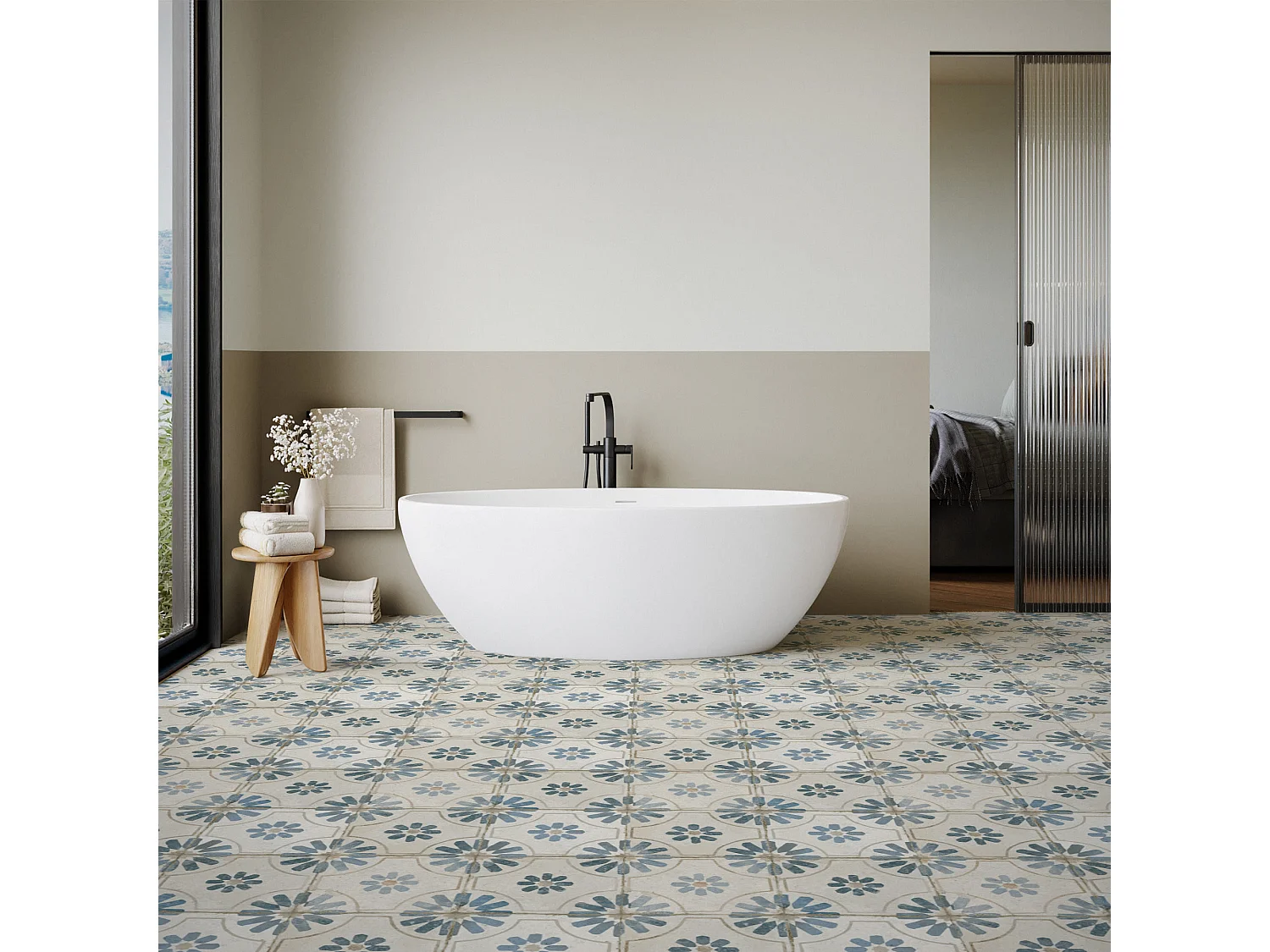 Carrelage Vintage effet Carreau ciment Bleu 45x45x0,95 cm Selvara - Sol et mur intérieur (vendu par carton de 1 m²) - RO'MA CARRELAGE